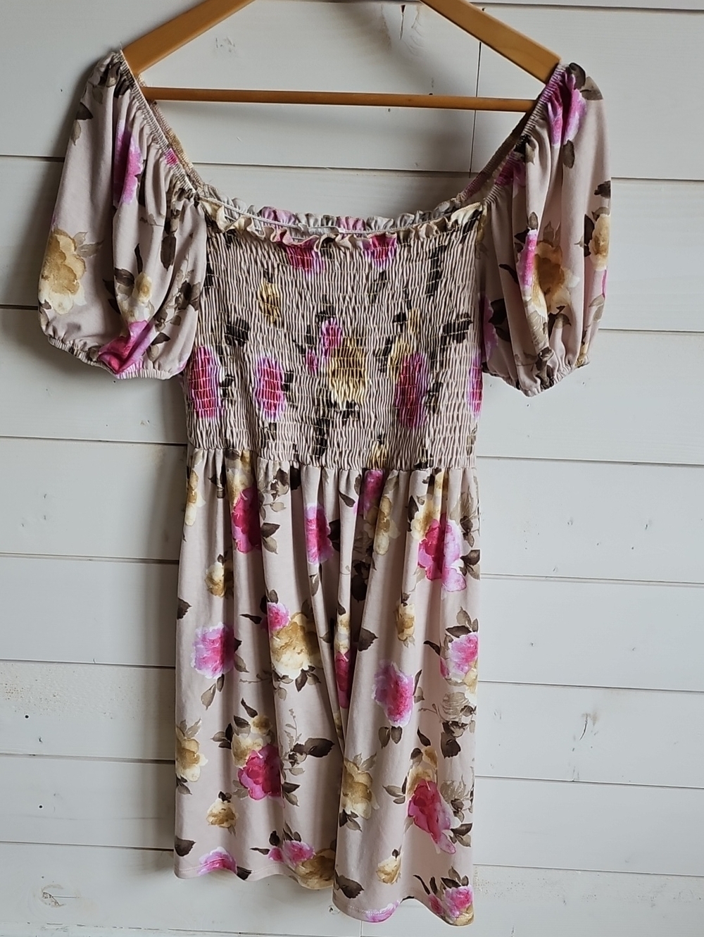 Off-Shoulder Smocked Mini Dress in Beige with Pink & Yellow Floral Print